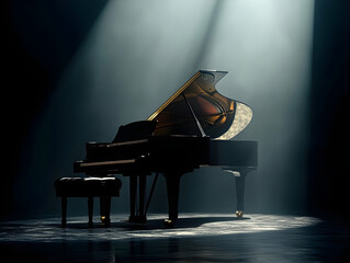 Elegant grand piano in a dark concert hall, a single spotlight illuminating the keys, dramatic and cinematic