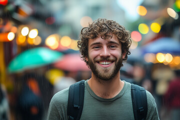Obraz premium A cheerful, young bearded man with curly hair, wearing a casual outfit and a backpack, walking through a lively, rain-soaked market street filled with blurred people, colorful lights, and umbrellas