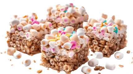 Delicious crispy cereal treats topped with marshmallows and sprinkles on transparent background