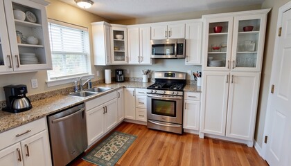 Modern kitchen with white cabinetry, stainless steel appliances, and a cozy atmosphere, perfect for a functional and stylish home