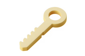 3D Key with a simple round design. Lock security and safety concept. Minimal Cartoon shiny orange cartoon key car with round minimal design icon. Isolated on transparent background, PNG. 3d render.