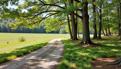 Obraz premium Tree-lined path through a lush green park, capturing the essence of nature and tranquility on a sunny day