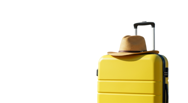 yellow travel suitcase with summer hat  isolated on transparent background, png
