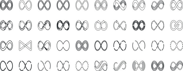 Infinity symbols collection, black infinity vector illustrations on white background. Perfect for logo design, branding, and mathematical representation. Various styles, from classic to artistic