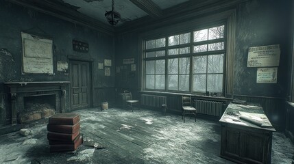 Abandoned mansion office, winter snow, papers, game asset