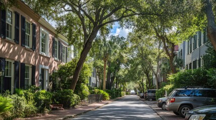 Obraz premium Charming street view with historic houses and lush green trees in Charleston