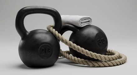 Two Kettlebells Placed on a Towel Alongside a Rope, Showcasing Essential Workout Gear for Strength Training Enthusiasts