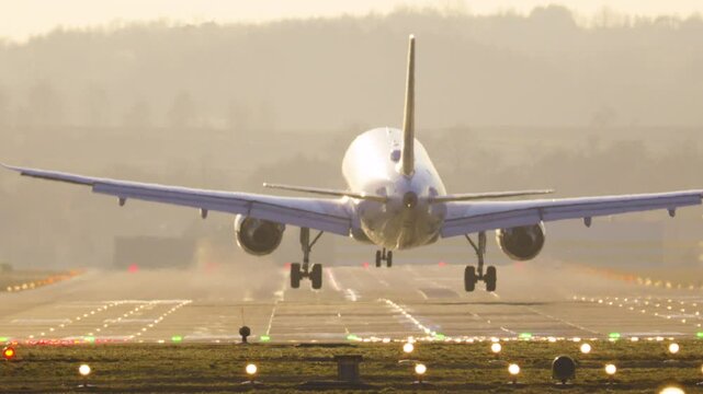 Passenger plane lands gracefully at sunset, showcasing air travel and tourism at its finest