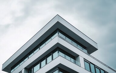 Low angle view of a modern building with a gray facade and large windows under a cloudy sky
