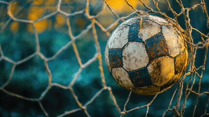 A close-up of goal netting with a football slightly pressing against it.