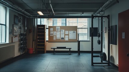 A gym space with a barbell rack and workout plans pinned to a board.