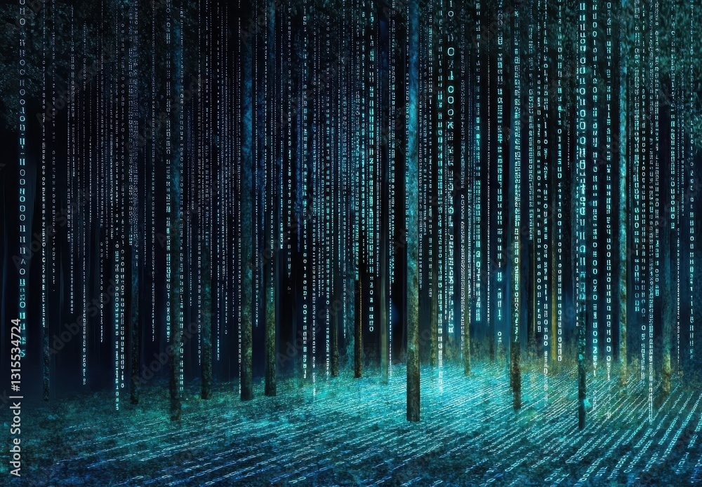 Poster enchanted forest of numbers: a digital realm where binary codes cascade downward through a mystical 