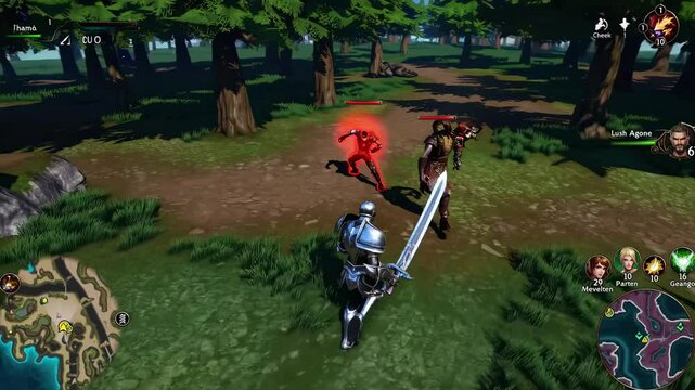Third-person video game view of a knight in a lush forest, featuring vibrant graphics and a clear blue sky with fluffy clouds.