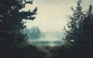 Naklejka premium Misty morning in a forest, viewed through dark evergreen trees. A path leads into a foggy clearing. Soft, muted colors and a slightly pixelated effect create a dreamy atmosphere