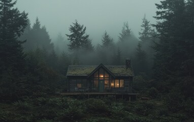 Secluded cabin nestled in a misty forest at night. Warm light glows from the windows, contrasting with the dark, moody atmosphere. Moss-covered roof and lush greenery surround the dwelling
