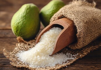 Fresh organic sugar spilling from a wooden scoop on rustic burlap alongside fresh green limes in the background on a wooden table