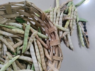 Black turtle bean pods in basket.