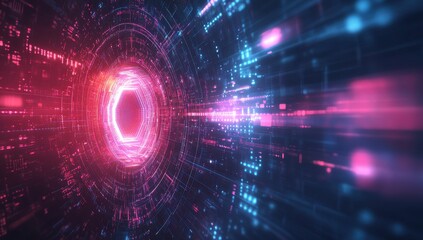 Obraz premium Futuristic abstract digital tunnel with neon lights and streaming data particles in vibrant colors offering a glimpse into advanced technology concepts