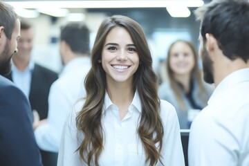 Obraz premium A confident young woman smiles brightly in a professional setting, engaging with colleagues and exuding positivity