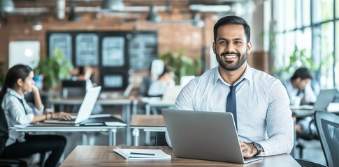 A professional man in a modern office environment, smiling while working on his laptop, surrounded by colleagues