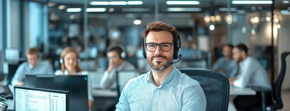 An engaged call center employee in a modern office setting, wearing glasses and a headset, ready to assist customers with their inquiries and provide excellent service.