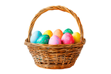 Colorful Easter eggs in a woven basket isolated on transparent background
