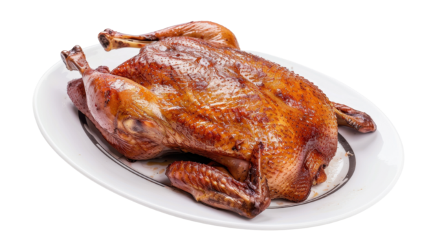 Roasted chicken lying on white oval plate with transparent background