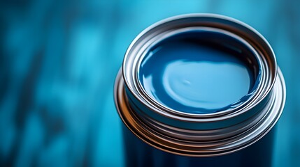 Close-up view of an open blue paint bottle with a glossy finish captured from above on a clean white surface