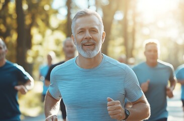 A group of middle-aged men jogging in a sunny park. The leader, with a big smile, showcases fitness and camaraderie, highlighting the joy of running outdoors among nature.