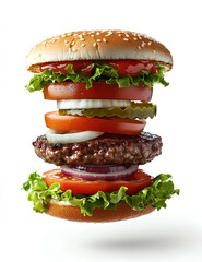 Floating gourmet hamburger with lettuce, tomato, cheese, onions, and sesame seed bun, showcasing fresh ingredients