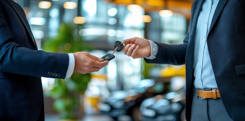 Two professionals exchanging car keys in a modern dealership, highlighting a transaction. The atmosphere reflects trust and commitment in a bustling automotive environment.