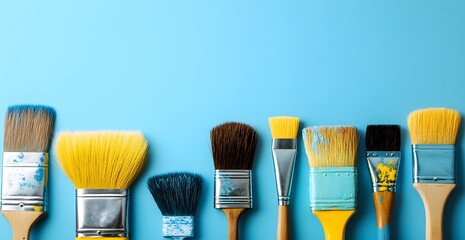 Aesthetic arrangement of paint brushes lined up against a blue background showcasing tools for creative painting projects