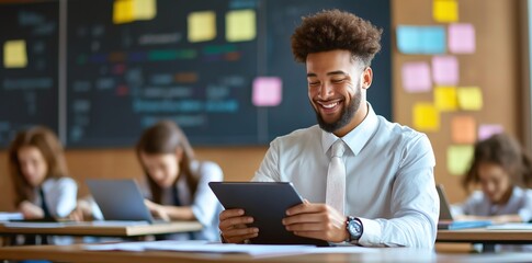 A young man smiles while using a tablet in a classroom setting, showcasing modern learning. Other students are engaged in their work, demonstrating collaboration and technology.
