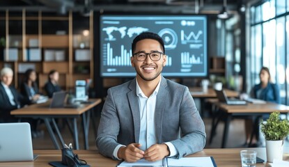 A confident businessman smiles in a modern office setting, showcasing digital data visuals in the background. He embodies professionalism and positivity in a corporate environment.
