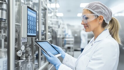 A focused scientist in protective gear operates a touchscreen device in a modern laboratory. The environment showcases advanced technology for research and development.