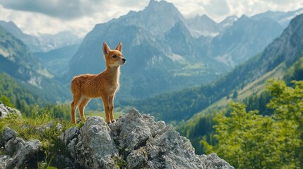 Young Roe Deer on Mountain Peak with Majestic View