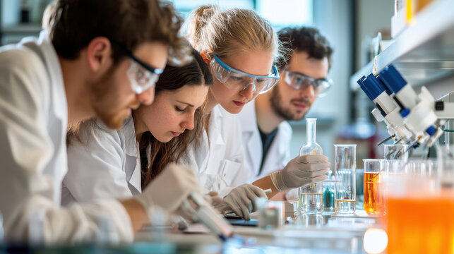 Diverse researchers collaborating in laboratory, focused on experiments and innovation