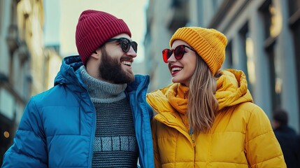 Happy Young Couple in Colorful Winter Clothes Smiling and Walking Together on City Street