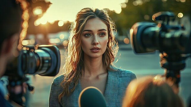 Young Elegant Woman Facing Journalists and Cameras During Outdoor Interview at Sunset