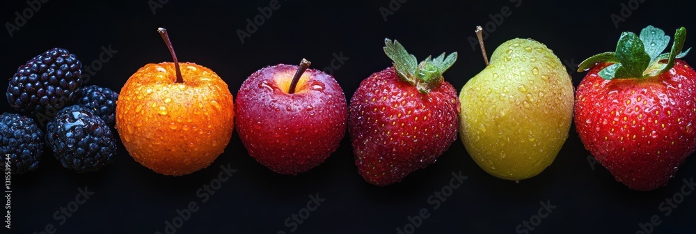 Aufkleber fresh fruits arranged in a row showing vibrant colors and droplets of water glistening in natural li
