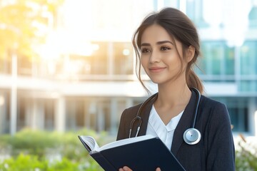 A confident medical professional stands outside with a stethoscope around her neck, holding a book and smiling