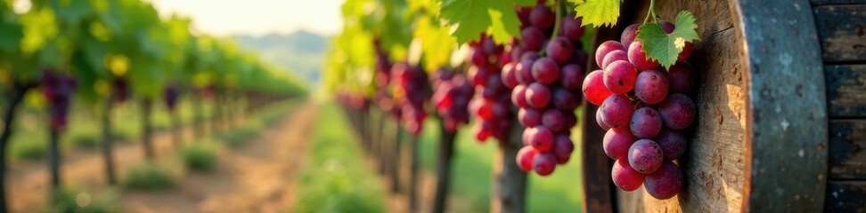 Vines of dark red grape clusters wrapped around a wine barrel, #vineyard, #darkred