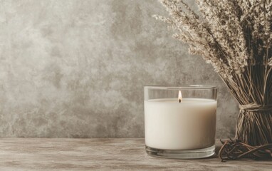 A lit ivory candle in a clear glass jar sits on a rustic wooden surface next to a bundle of dried lavender. A neutral gray textured background completes the scene