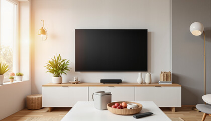 Modern entertainment room with flat screen TV and minimalist décor, home comfort