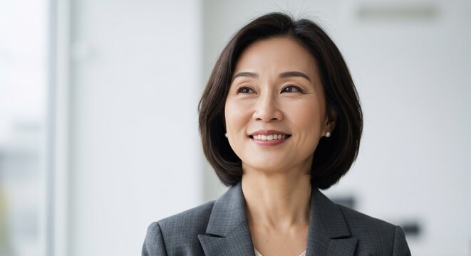 Portrait of smiling mature Asian business woman in modern office. Confidence business executive smiling and looking away against white background.

