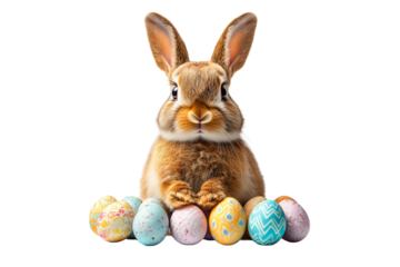 Funny bunny celebrating Easter with colorful eggs isolated on transparent background