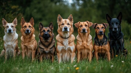 Obraz premium Six Diverse Dogs Sitting in Grass, Portrait