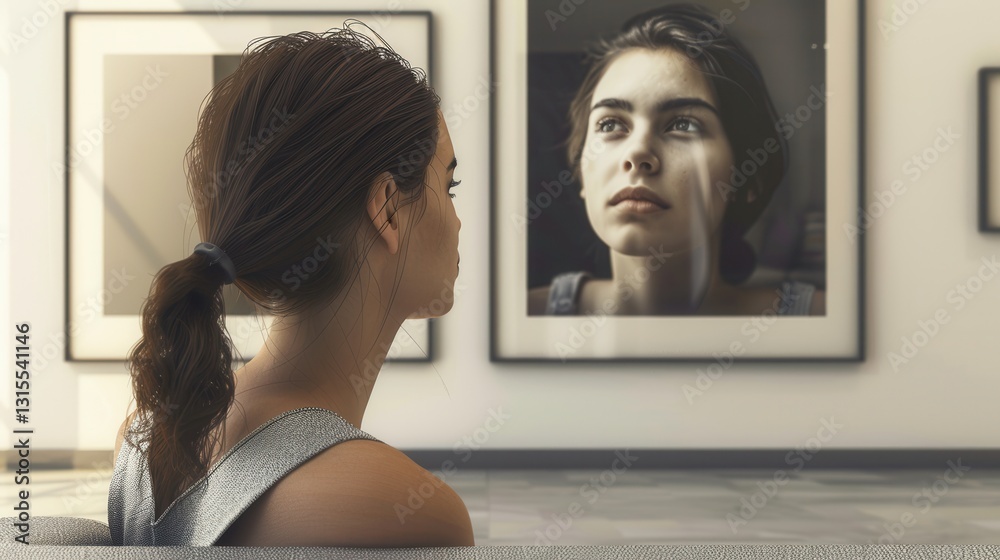 Poster Sophisticated gallery wall featuring a portrait on display and a visitor observing the artwork with contemplation and admiration