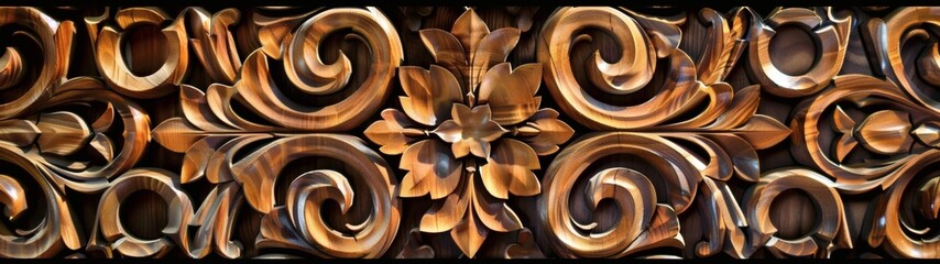 Detailed carved wooden panel with floral swirls and intricate textures