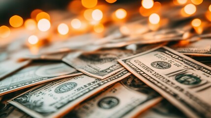 A collection of money bills with bokeh lights shining behind